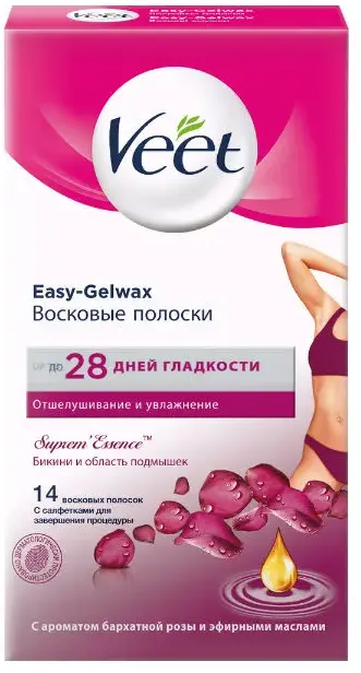 Veet Easy-Gelwax Полоски восковые для чувствительной зоны бикини и подмышек с ароматом розы и эфирными маслами 14 шт