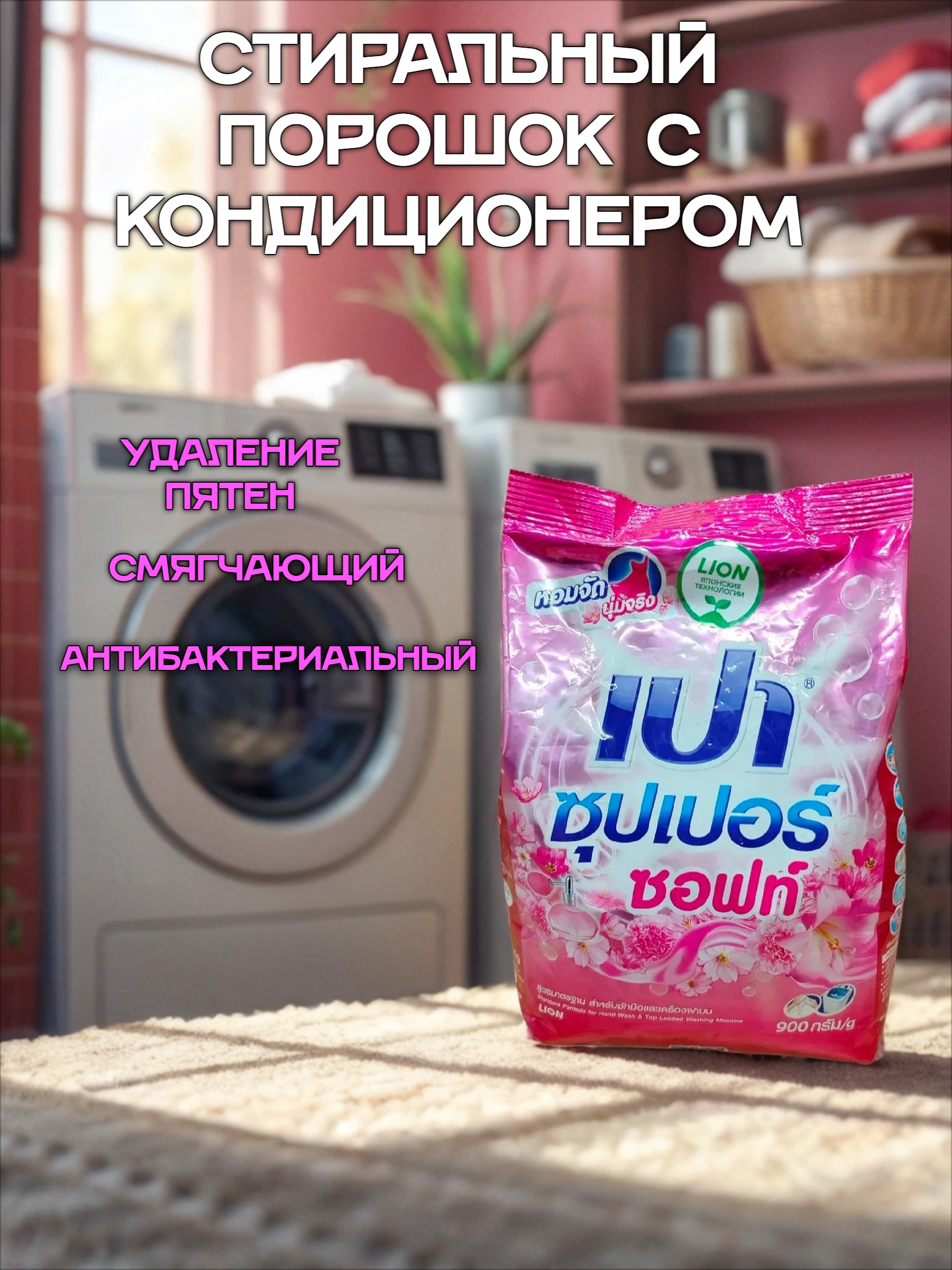 Lion Thai Pao M Soft Стиральный порошок с кондиционером для всех типов стиральных машин 900 гр