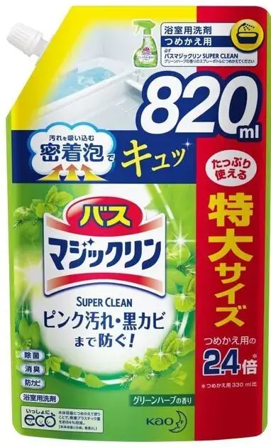 Kao Magiclean Super Clean Спрей-пенка для ванной комнаты с антибактериальным эффектом и ароматом зеленых трав 820 мл запасной блок с крышкой