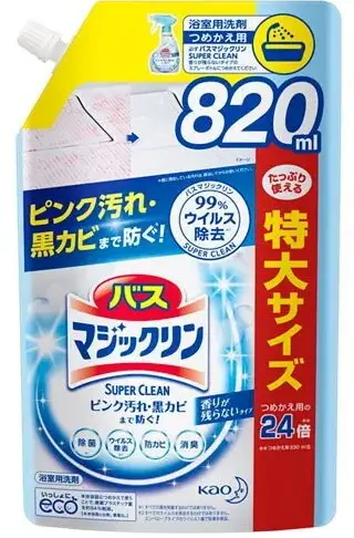 Kao Magiclean Super Clean Спрей-пенка для ванной комнаты с антибактериальным эффектом без запаха 820 мл запасной блок с крышкой