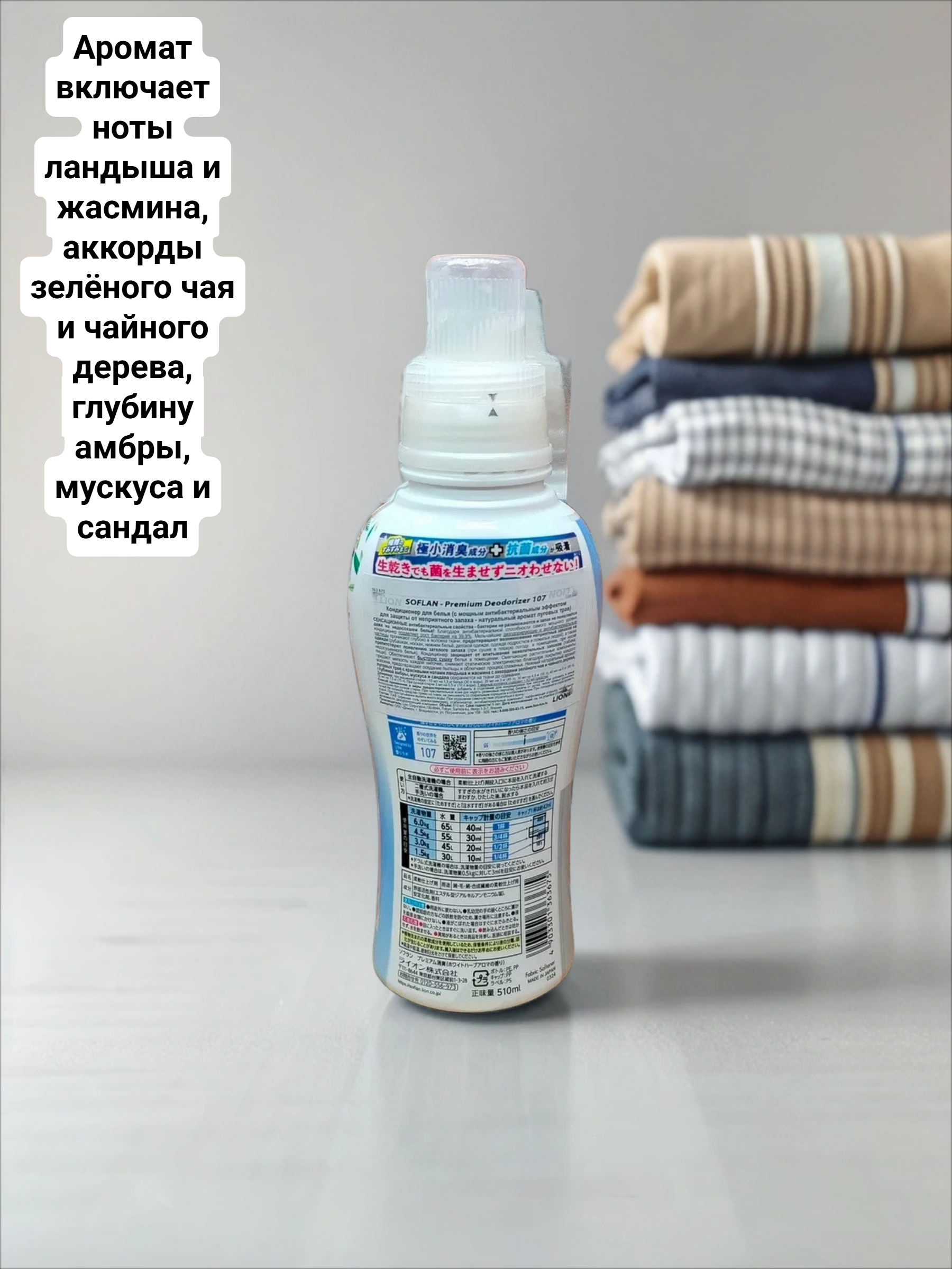 Lion Soflan 107 Кондиционер для белья защищающий от неприятного запаха до вечера с ароматом луговых трав 510 мл
