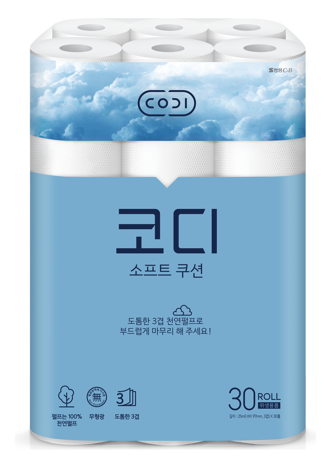 SsangYoung Codi Soft Cushion Бумага туалетная 3-х слойная ультрамягкая с тиснением 25 м 30 рулонов