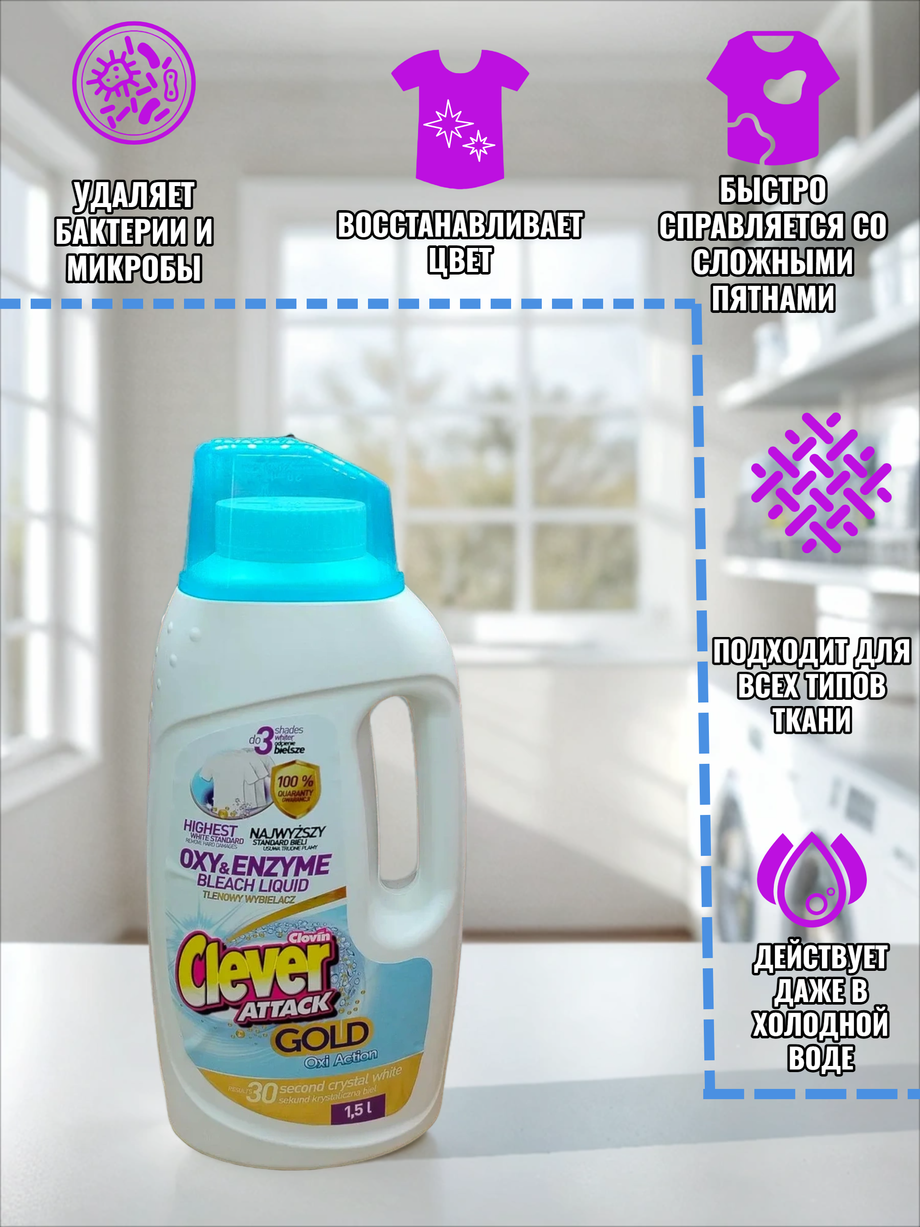 Clovin Clever Attak Oxi Action Gold White Отбеливатель кислородный универсальный 1,5 л