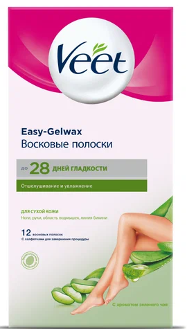 Veet Easy-Gelwax Полоски восковые для сухой кожи универсальные с ароматом зеленого чая 12 шт
