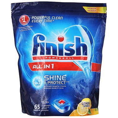 FINISH Powerball All in 1 Max Lemon Таблетки для посудомоечной машины с ароматом Лимона 65 шт в zip-пакете