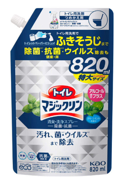 Kao Magiclean Toilet Deodorant & Clean Спрей-пенка для быстрой и легкой уборки туалета с ароматом мяты и цитрусов 820 мл в мягкой упаковке
