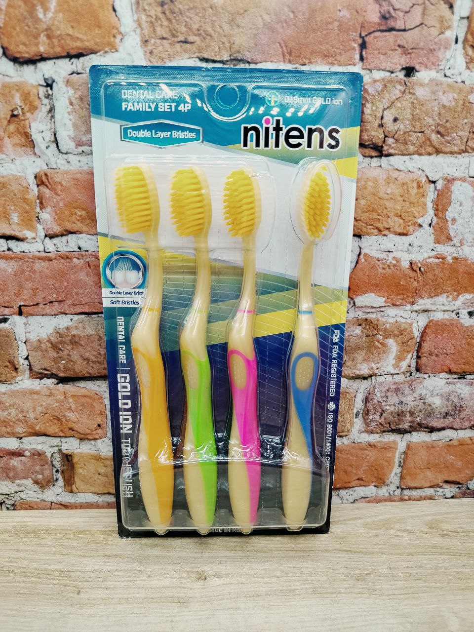 Dental Care Nitens Gold Ion Набор зубных щеток c наночастицами золота и сверхтонкой двойной щетиной средней и мягкой жесткости 4 шт