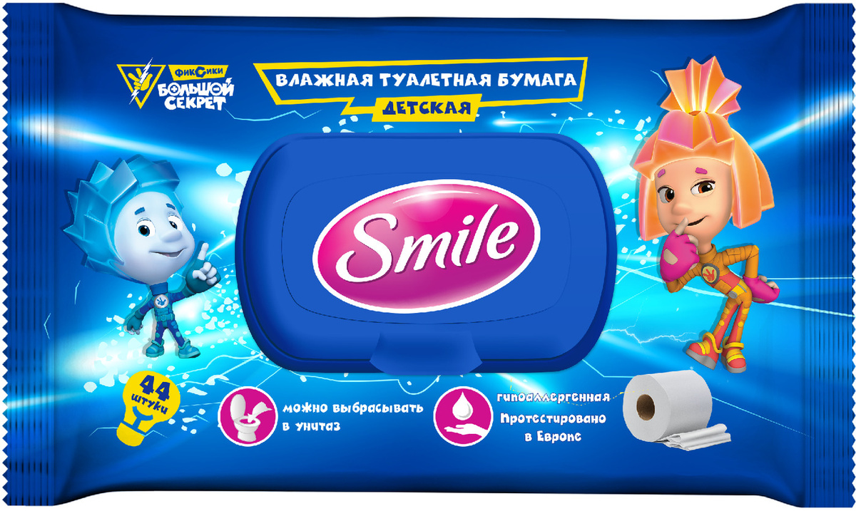 Smile Фиксики Влажная туалетная бумага детская смываемая с клапоном 44 шт