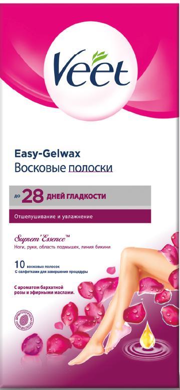 Veet Easy-Gelwax Полоски восковые для тела с ароматом бархатной розы и эфирными маслами 10 шт